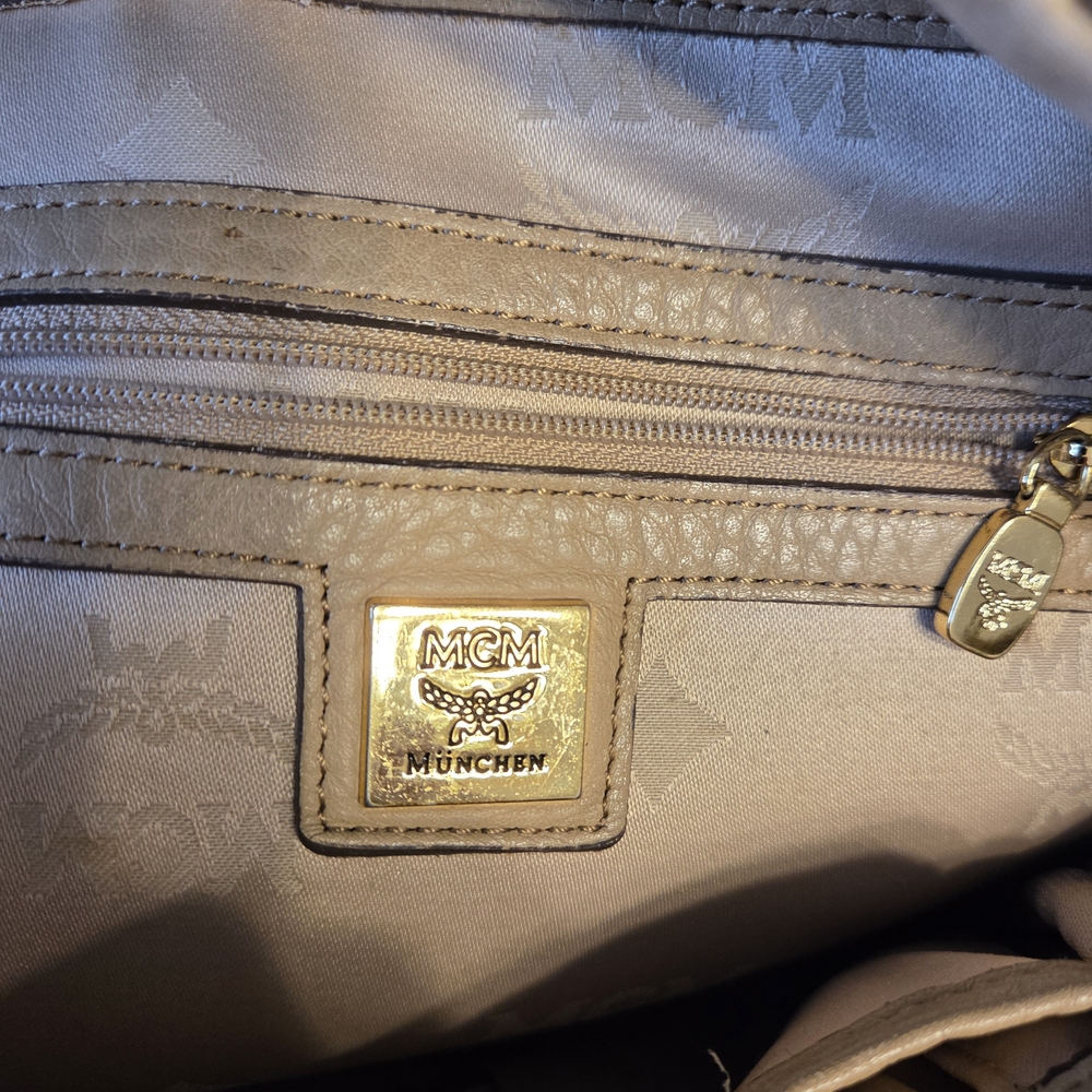 MCM Studded Med Sz(Unisex) Leather Backpack Beige Silver Metal Logo Plate ( EUC) - Picture 10 of 15
